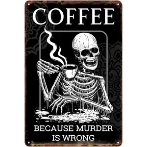 Funny Office Decor Coffee Bar Skeleton Wall Decor Signs For Home Decor Metal Tin Signs Vintage Retro Skull Room Decoration Funny Halloween Coffee Bar Decorations Signs 12 X 8 Inch 011