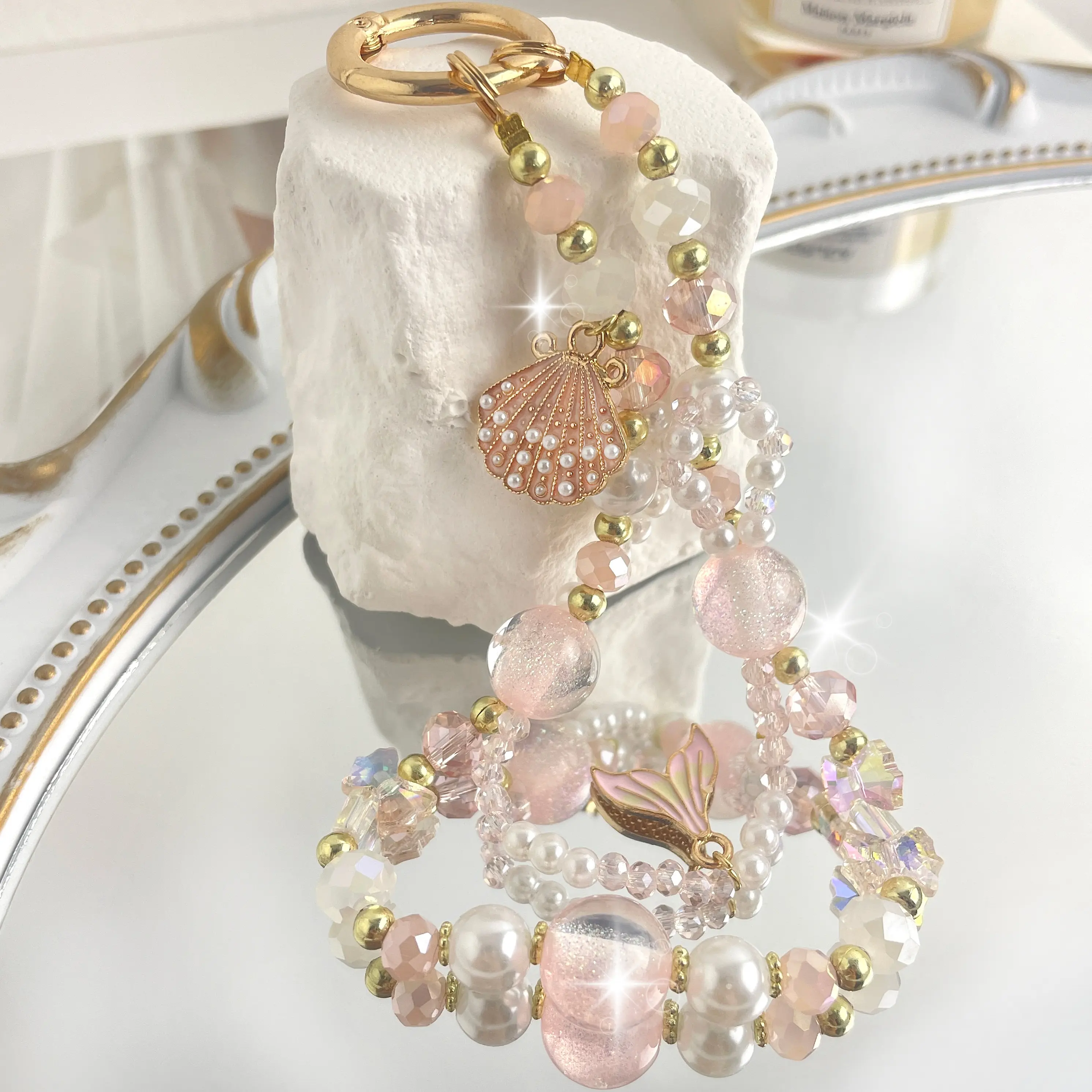 Casing Bee Pink Crystal Mermaid Phone Chain, Seashell & Pearl Beaded Charm