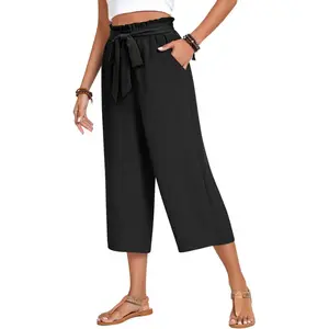 Women's Plus Size Capri Pants Wide Leg High Waist Tie Knot Pants Casual Palazzo Trousers with Pockets
