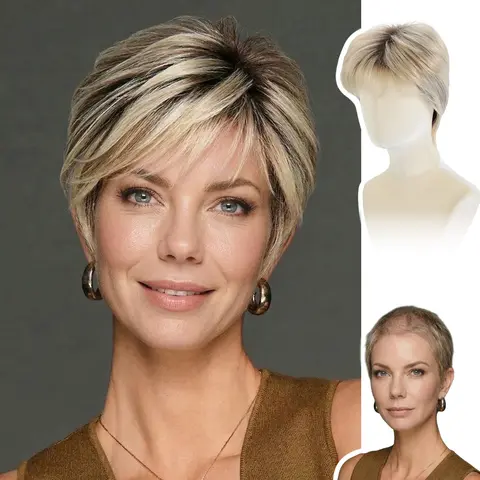 W WIGYY Women's Tamsin Short Ombre Platinum Blonde Synthetic Lace Front Wig - Glueless Natural Looking Protein Fiber Wig, 250-350°F Heat Resistant, Lightweight Resizable Cap, Fashionable and Stylish, Halloween & Daily Wear