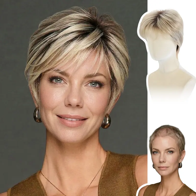W WIGYY Women's Tamsin Short Ombre Platinum Blonde Synthetic Lace Front Wig - Glueless Natural Looking Protein Fiber Wig, 250-350°F Heat Resistant, Lightweight Resizable Cap, Fashionable and Stylish, Halloween & Daily Wear