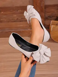 Women's Casual Pointed Toe Flat Shoes, Ballet Flats, Ballerina Flats Shoes, Butterfly Knot Decor, Comfortable Slip-On Walking Shoes, Fabric Upper, PVC Sole, Soft Sole Flats, All Seasons