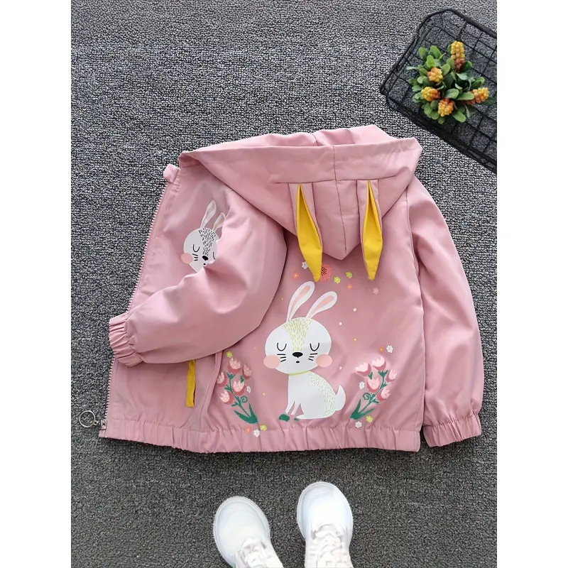 Girls' Hooded Jacket with Casual Cartoon Bunny Print & Applique, Lightweight Zip-Up Polyester Outerwear for Spring & Fall, Cartoon Design Girls' Jackets