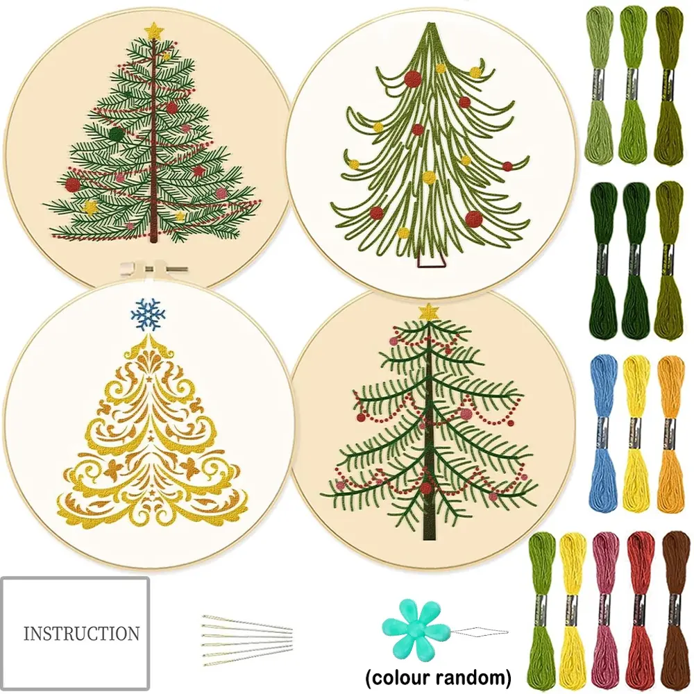 4-counts Christmas Embroidery DIY Kit, Embroidery Design Kit, Embroidery Kits, Fabric Decorative Painting with Christmas Tree Patterns, Includes 1 Embroidery Hoop, Suitable for Adult Beginners and Hand Sewing Enthusiasts, Christmas Decorations