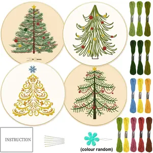4-counts Christmas themed Embroidery DIY Handmade Set - Fabric Decorative Painting with Creative Christmas Tree Patterns - Includes 1 Embroidery Hoop - Suitable for Adult Beginners and Hand Sewing Enthusiasts - Unique Christmas Wall and Tree Decorations