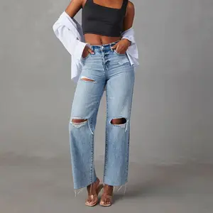 Ripped, Raw-Hem Denim Jeans Casual Washed Womens Straight-Leg Pants
