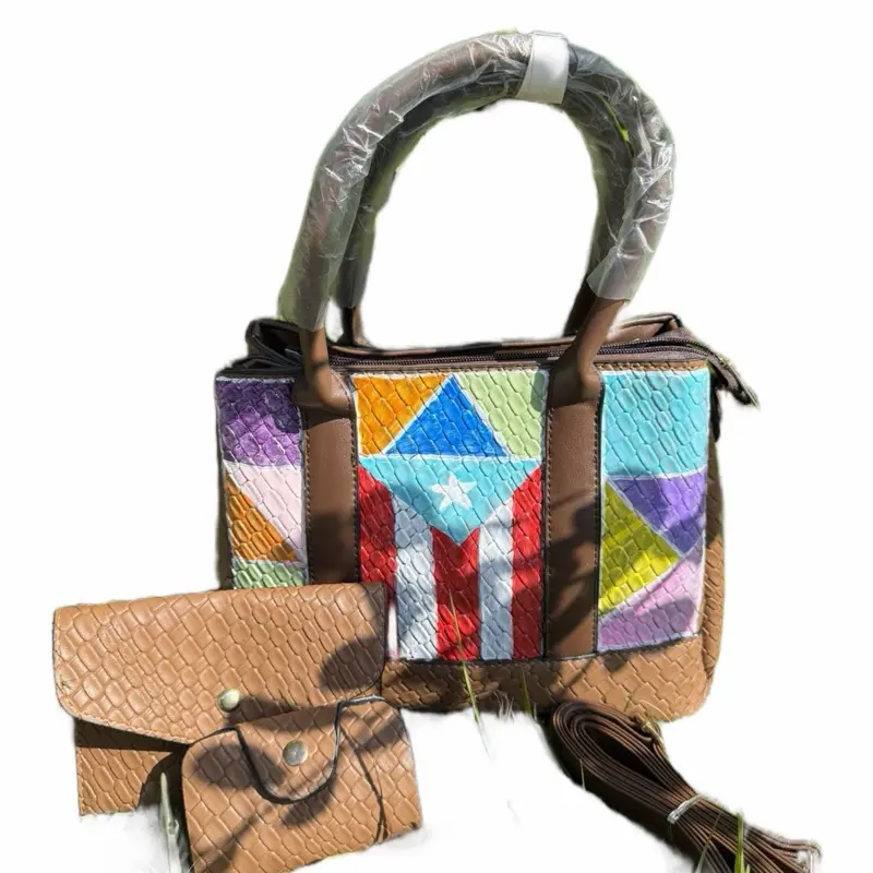 Cartera Puerto Rico with Yauco Pueblo Theme Handcrafted Leather Tote Bag for Women