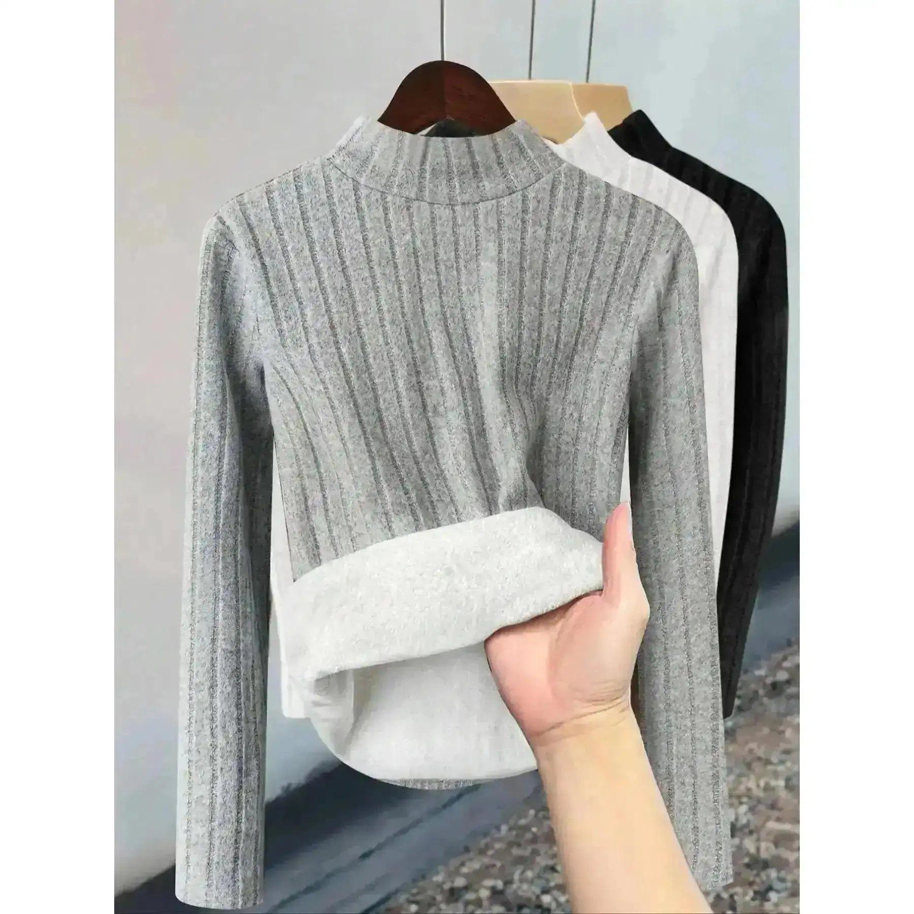 Women's Fall Winter Fashion Slim Fit Thermal Knit Long Sleeve Tops Set Knitwear, Casual Round Neck Fleece Lined Pullover, 3 Piece, Warm, Classic, Versatile, Trendy, Comfortable, Feminine
