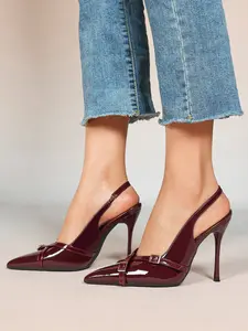 Burgundy Patent Leather Slingback Heels Designer Inspired Style Pointed Toe with Metal Buckle Comfortable Non Slip Sole Slimming Dress Heels Perfect for Party Wedding Date Night Daily Commute