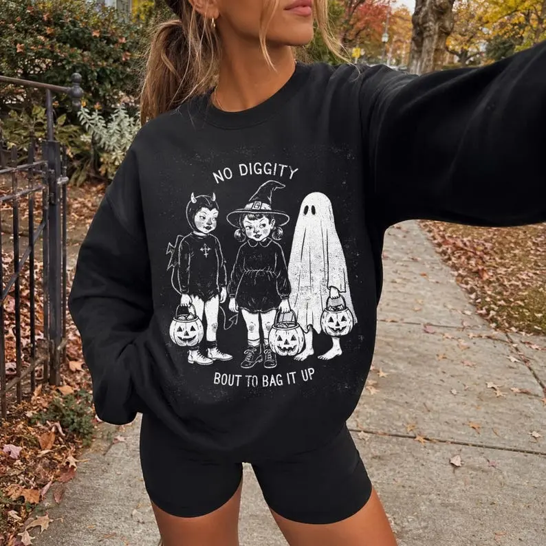 No Diggity Bout To Bag It Up Sweatshirt Vintage Halloween, Retro Halloween Sweater for Spooky Season, Ghost Halloween Sweatshirt for Women