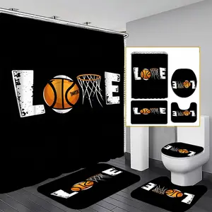 1/3/4PCS Basketball Love Shower Curtain set, Sporty Bathroom Decor, Accessories with Bath Mat, U-shaped Mat, Toilet Lid Cover, 12 Hooks 180x180cm Curtain, Basketball Enthusiast, Home Decor, bathroom accessories.