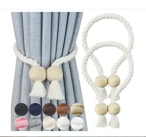 2 Pack Magnetic Curtain Tiebacks Cotton Hand Woven Tie Back Decorative Rope Holdbacks for Curtains Draperies No Tools Required, Cream