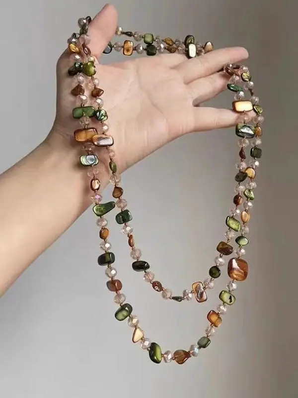Women's Retro Chunky Chain Necklace - Handmade Boho Multi-Layer Beading Jewelry, Colorful Earth Tone Long Strand with Forest Green Shell & Crystal, Daily Wear Costume Accessory, Colorful Beaded Necklaces, Retro Look, Mixed, Beach Shells Necklaces