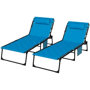 Outsunny Folding Chaise Lounge with 5-level Reclining Back, Outdoor Lounge Tanning Chair with Padded Seat, Side Pocket & Headrest for Beach, Yard, Patio, Black