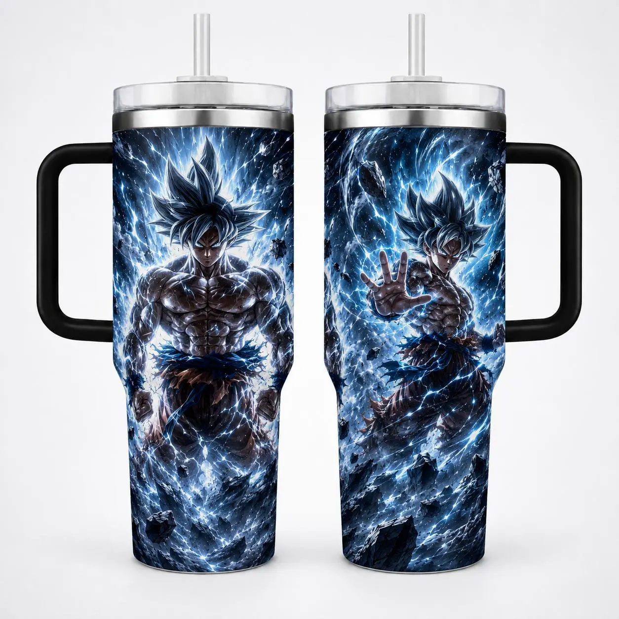 Silver Hair Anime Warrior 40oz Tumbler with Handle, Ultra Power Dragon Fighter Manga Cup, Shonen Battle Fan Gift