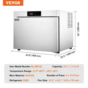 VEVOR Commercial Blast Freezer, 32 L/ 1.1 Cu. ft Blast Chiller with 4 1/3 Trays, Blast Chiller Freezer Chest with Cooling Freezing Modes, Stainless Steel Food Blast Freezer for Restaurant, Seafood