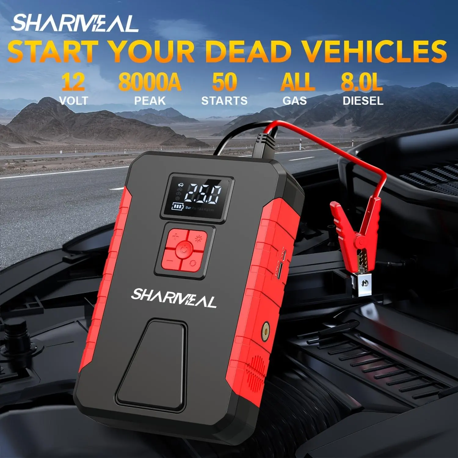 SHARMEAL 8000A 5-in-1 Car Jump Starter with 160PSI Tire Inflator Air Compressor, Portable 12V Car Battery Jump Starter Booster, USB Power Bank, LED Emergency Light for Gasoline & Diesel Vehicles Car Accessories Car Essentials