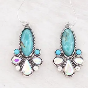 Turquoise AB Stone Earrings Approx 1.75" Casting Hook with Teardrop Design and Bead Accents