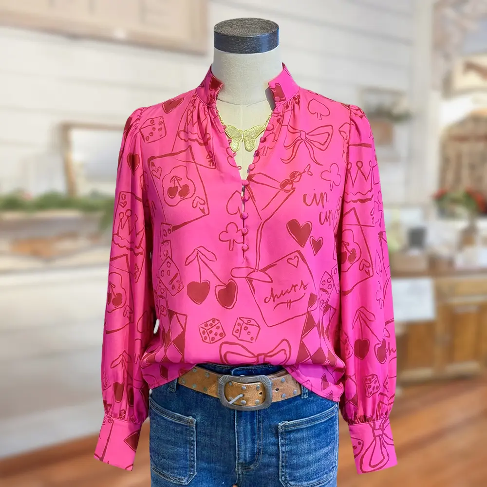 Sagevell Pink Statement Blouse for Women Playful Heart & Martini Print Long Sleeve Top Lightweight Relaxed Fit Shirt for Everyday Wear Brunch and Casual Style