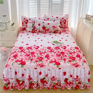 3pcs Lace Style Solid Color All Seasons Anti-Slip Bed Sheet Cover Bedding Set, Bedroom Guestroom Home Textile Decoration