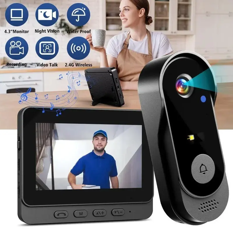 Wireless Video Doorbell with 4.3 Inch Color Screen, Night Vision, Waterproof Design, Long Battery Life, Supports Video Call & Two-Way Audio