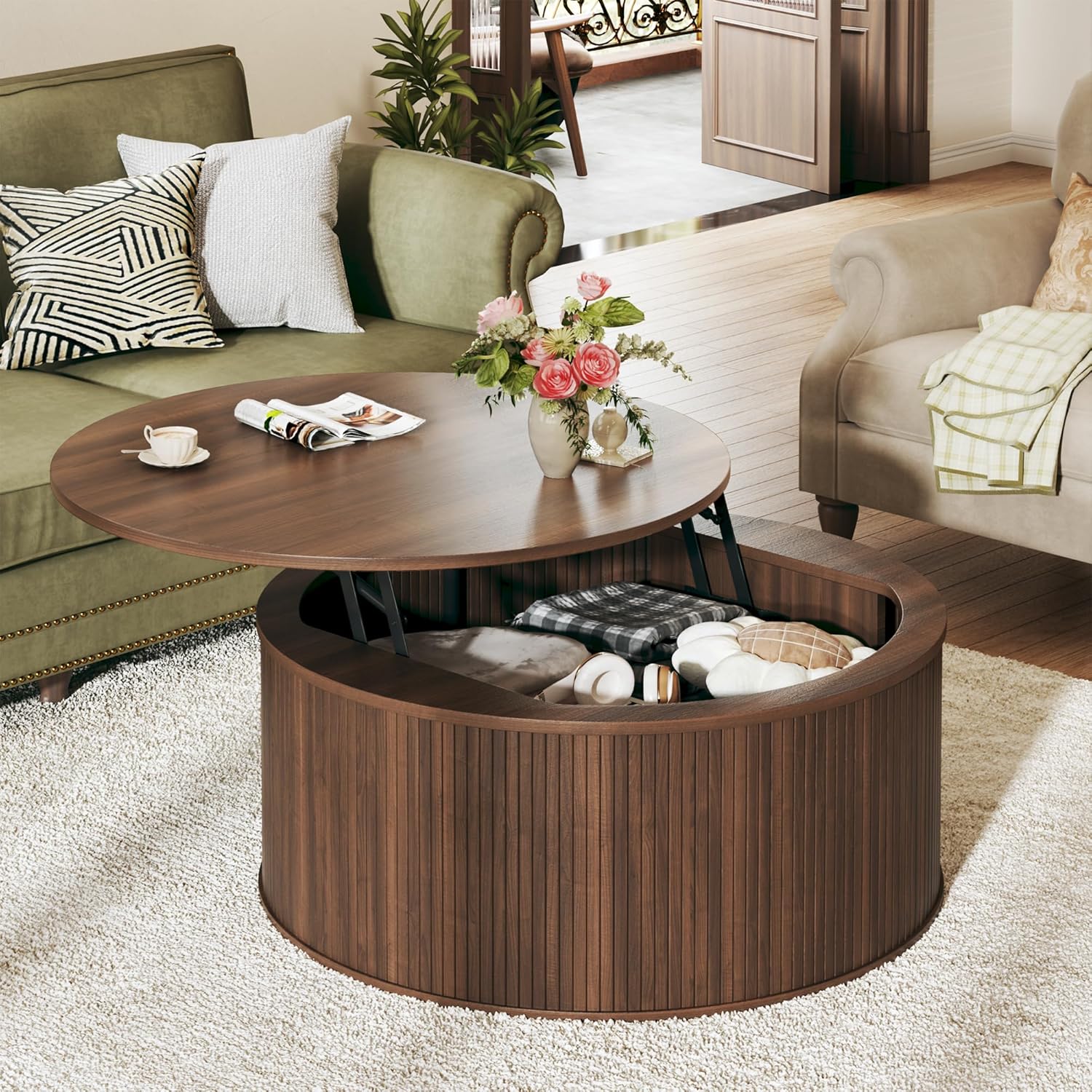 Round Coffee Table with Storage, 31.5" Lift Top Coffee Table, Mid Century Modern Coffee Tables for Living Room, Apartment Office, Fluted Table with Rustic Wood Desktop, Walnut