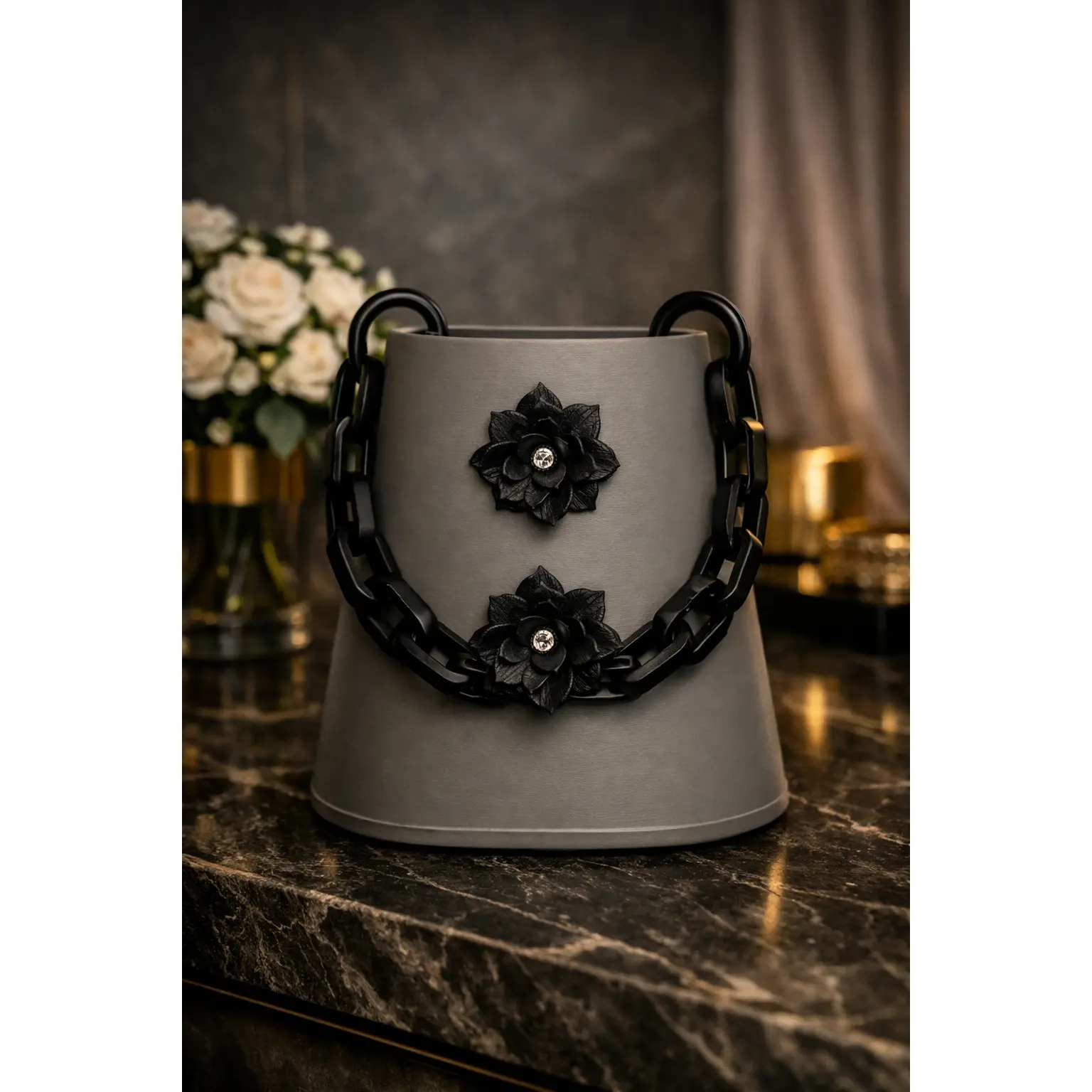 Shadowline Arc Mini Handbag, Deep Charcoal, Evening Accessory with Dramatic Wave-Sculpted Ridges, Raised Sculptural Finish, Rose and Vine Motifs for Literature & Art Enthusiasts