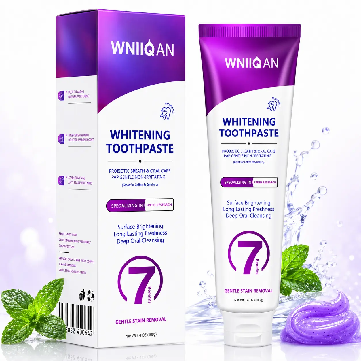 WNIIQAN Purple Whitening Toothpaste, Premium Oral Care Toothpaste, Probiotic Fresh Breath Formula, Gentle Daily Toothpaste for Adults