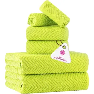 CASA COPENHAGEN Wave Textured 6 Pieces Towel Set Neon Green 550 GSM 2 Bath Towel 2 Hand Towel 2 Washcloth Rough Tough Use Cotton Towels Gift Set for Bathroom
