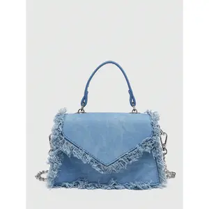 Fringe Hobo Bag Tassel Trim Small Denim Bag Vegan Suede Tassel Hippie Crossbody Bag