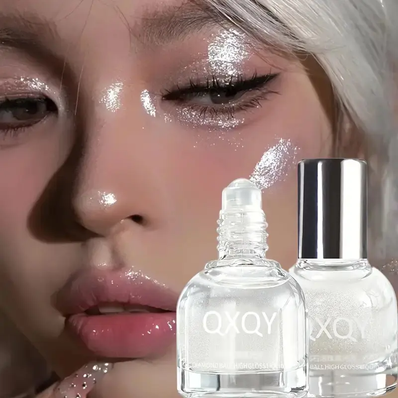 Luminous Diamond Roller Highlighter Liquid Long Lasting Shimmer, Silver Color Glitter Eyeshadow, Long-Lasting Moisturizing Body Oil, Waterproof Sparkle