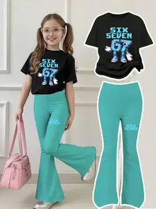 Girls' Cool Brick Style Cartoon Short Sleeve Bell Bottoms Flare Set, Short Sleeves Blue Block Texture, Fitted Casual All Seasons, Casual Outfit Set