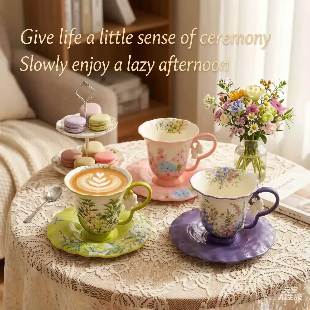 260ml Smooth Ceramic Romantic French Style Mug & Saucer Set - Kitchen Drinkware, Comfortable Grip, Easy to Clean, Ideal for Women's Morning Latte & Tea Time
