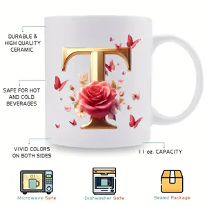 BPA Free Eleven Ounce Ceramic Mug Featuring Alphabet And Floral Motifs Perfect For Festivals And Special Occasions