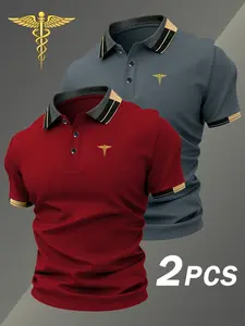 Two-Piece Hh4377 Gold Snake Print Men's Button-Down Shirt, Elastic Casual Breathable All-Season Comfortable High-End Polo