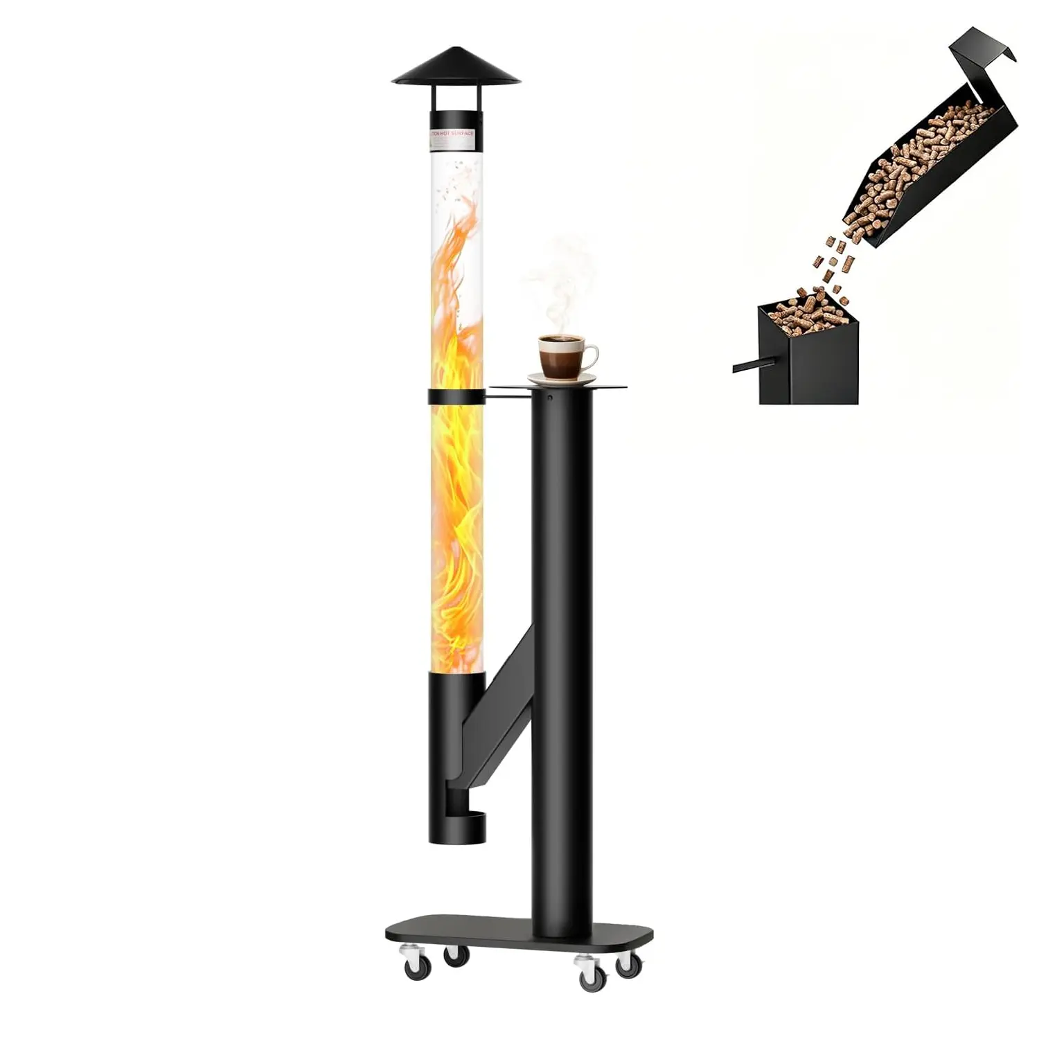 ABORON 71" H Patio Pellet Heater - Wood Burning Fire Pit Stove with Base, Wheels, 6.6-lb Pellet Capacity, Glass for Modern Home Decor, Backyard Camping Beach Use