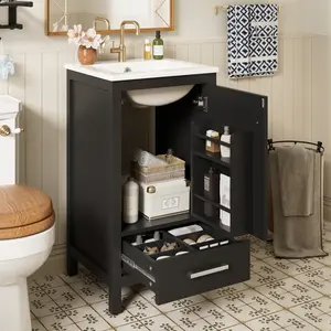 18-Inch Modern Bathroom Vanity with Ceramic Sink, Soft-Close Drawers and Door Organizer, Divider Drawer, and Adjustable Plastic Foot Pads – Space-Saving Storage Solution for Narrow Spaces.