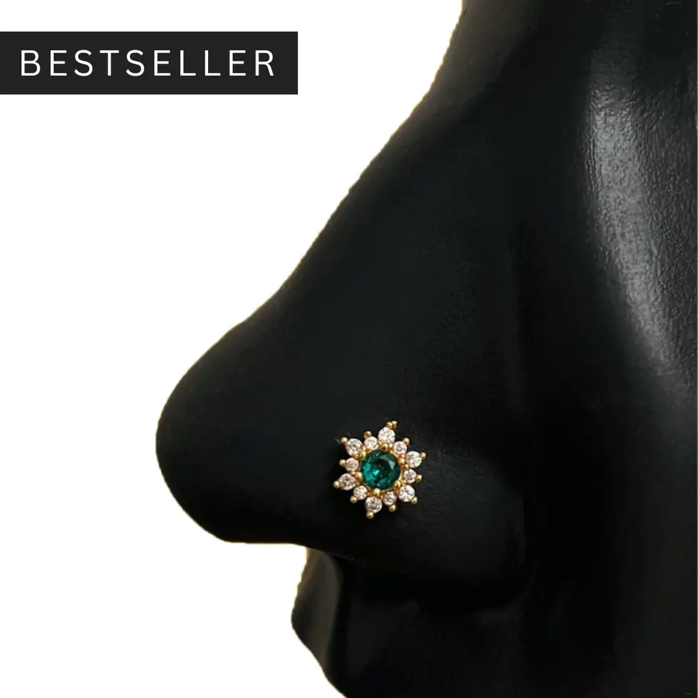 Statement Gold Emerald Flower Nose Stud, Nose Rings for women, L-shape, Corkscrew Nose Rings, Nostril Piercing, Hypoallergenic Nose Jewelry, 20 gauge Nose Rings