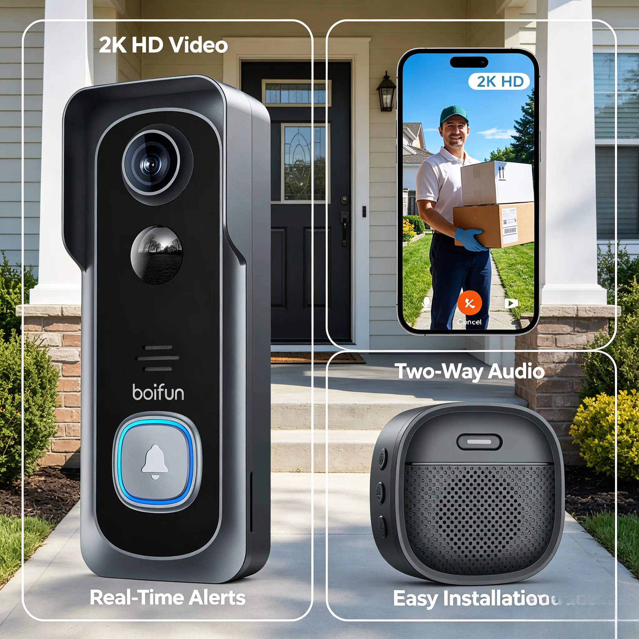 BOIFUN Video Doorbell Camera Wireless No Subscription 2K HD 166° Wide Angle HDR Night Vision Motion Alerts Two‑Way Audio Battery Operated 2.4GHz WiFi Doorbell with Chime