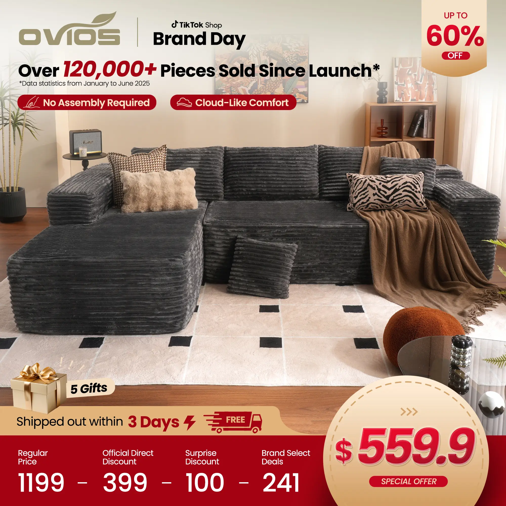 【2 Package Shipping】Ovios 106" Cloud Sectional Couch with Chaise & Ottoman, L/U-Shape Plush Corduroy Velvet Modern Modular Sofa with Deep Seat, Uphols