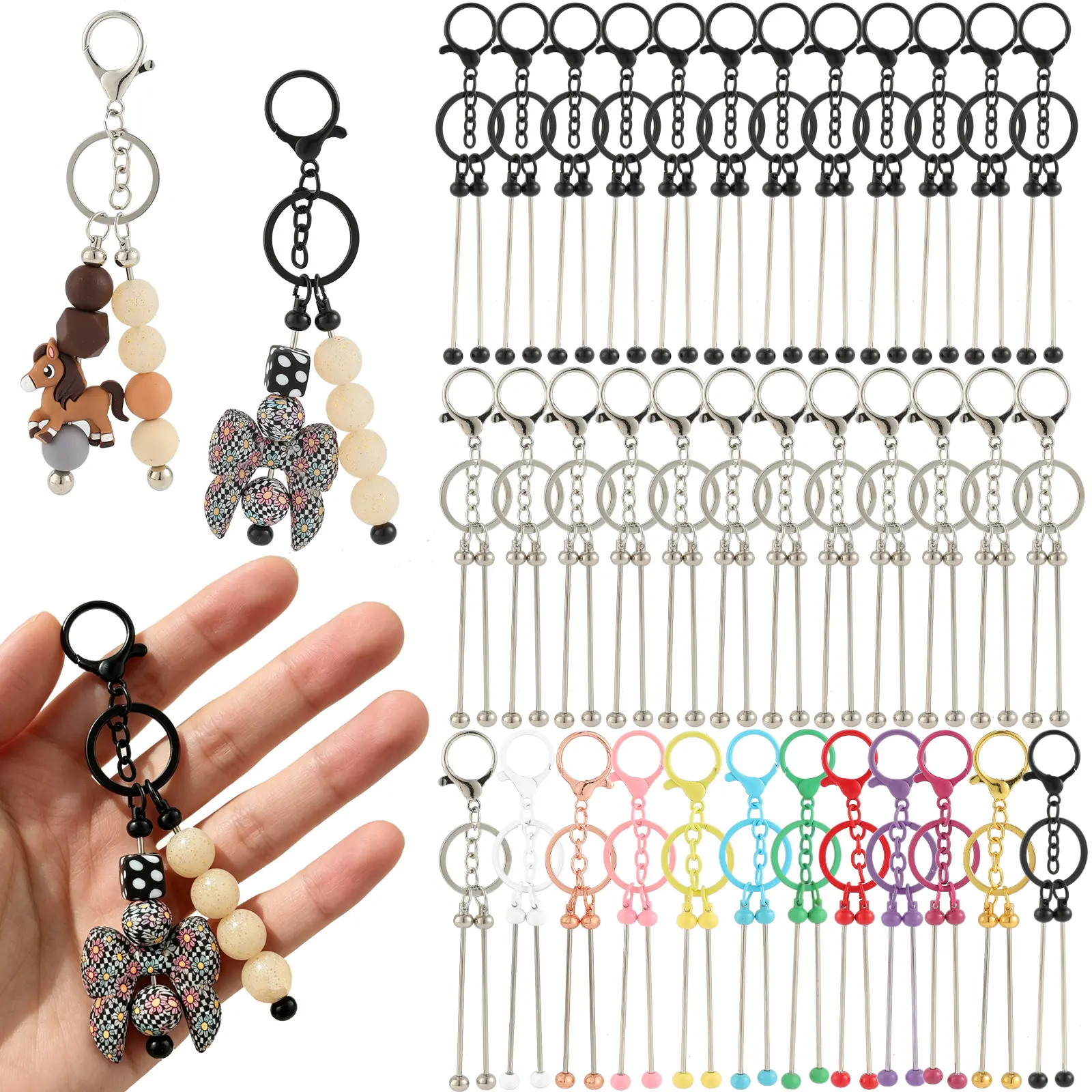 36 pieces - Women's double-bar keychain with beads, suitable for DIY keychain making, as a holiday gift for friends or a Christmas present.
