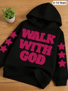 Girls' Star Print Hoodie, Fashionable Casual Long Sleeve Top, Geometric Pattern, Fitted H-Type, Spring & Fall Winter Wear,  Fitted Letter Pattern, Versatile Sweatshirt for Kids, All Seasons Wear