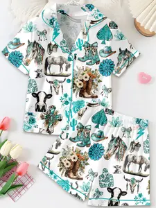 Western Cowgirl Pajama Set, Cowgirl Aesthetic Pajama Satin Set Turquoise Horses, Boots & Cactus Satin Pajamas