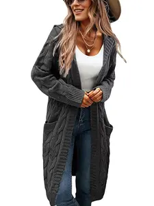 XINWEIZZ Womens Hooded Open Front Long Cardigan Cable Knit Sweaters Side Pocket Oversized Chunky Cardigan Outwear Coat Dark Grey