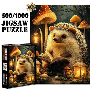 1pc 1000 piece adult puzzle 70x50cm Hedgehog Reading Book Among Mushrooms with Lanterns 500 pieces paper jigsaw puzzle suitable for DIY creative games for adults and families, birthday and holiday st
