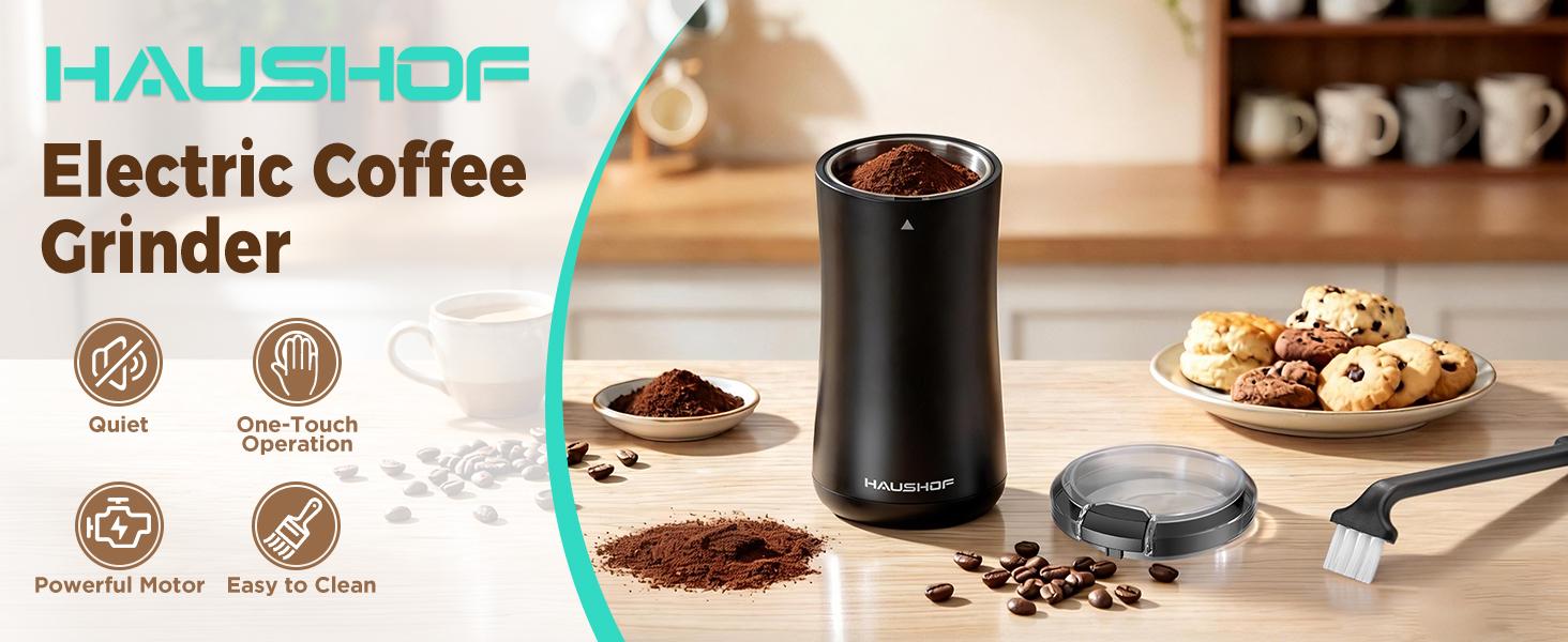 HAUSHOF Coffee Grinder Electric, One Touch Coffee Bean Grinder for Beans, Spices, Herbs and Seeds, Compact Design, with Clean Brush Black