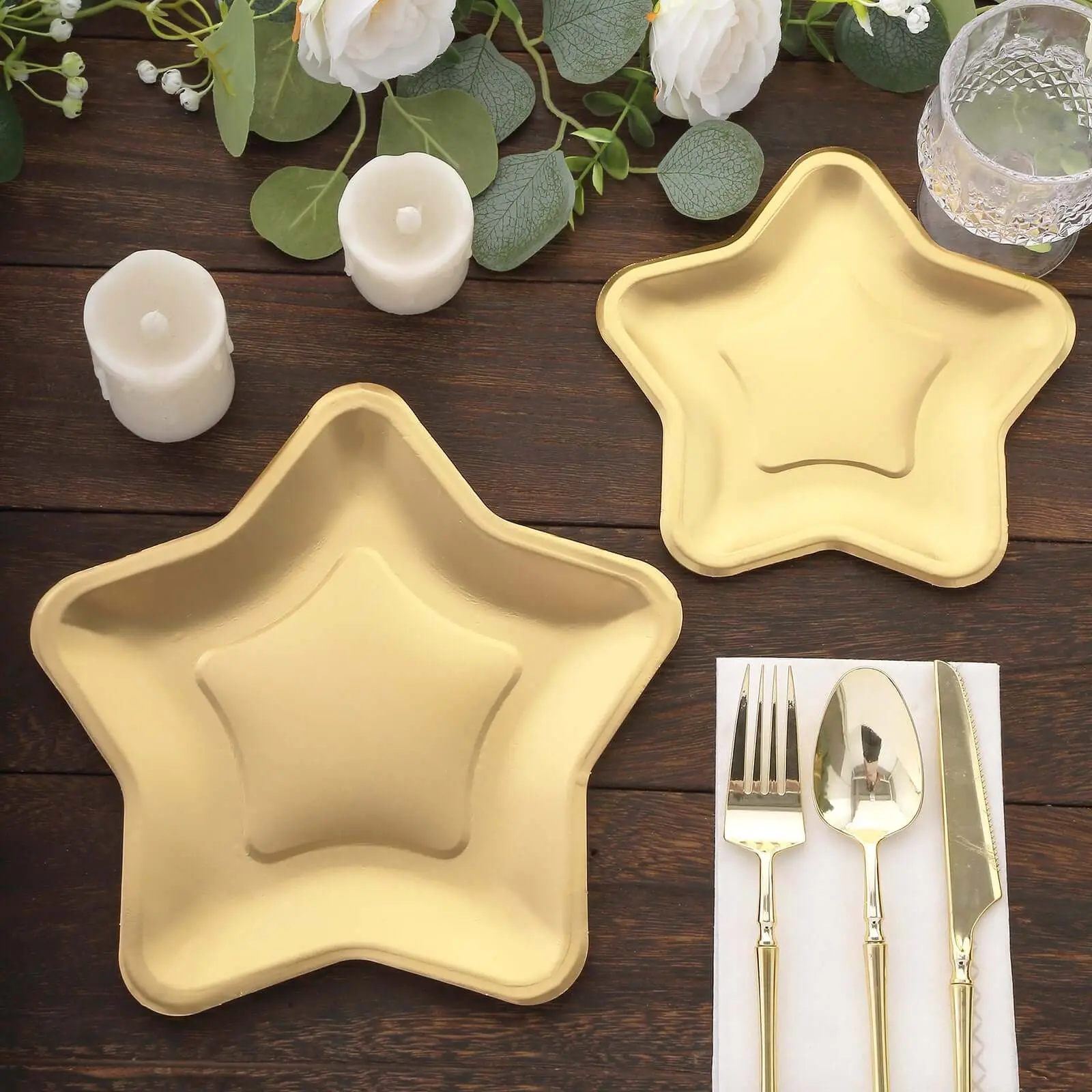 9" Matte Gold Paper Star-Shaped Dinner Plates, 25-Pack 300GSM Eco-Friendly Disposable Tableware for Wedding, Festive Occasions