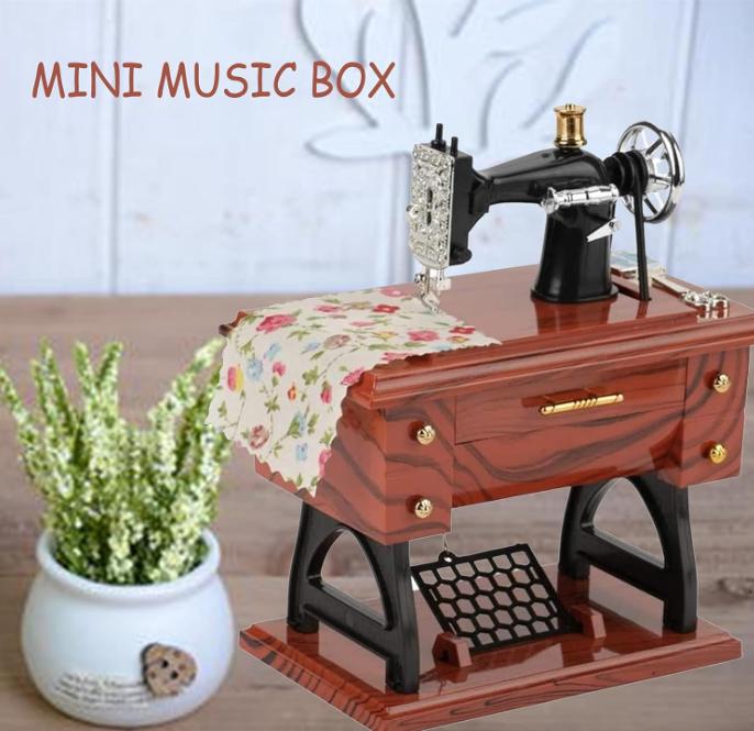 Vintage Mini Sewing Machine Music Box, European Retro Classical Treadle Sewing Machine Table Desk Mechanical Clockwork Music Box for Home Decor Birthday Gift