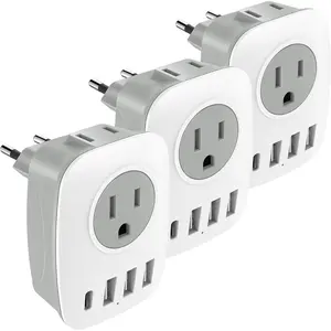 3 Pack European Travel Plug Adapter,  International Power Plug Adapter with 2  Outlets, 1 USB C and 3 USB Ports, 6 in 1 Travel Essentials to France, , , Spain (Type C)