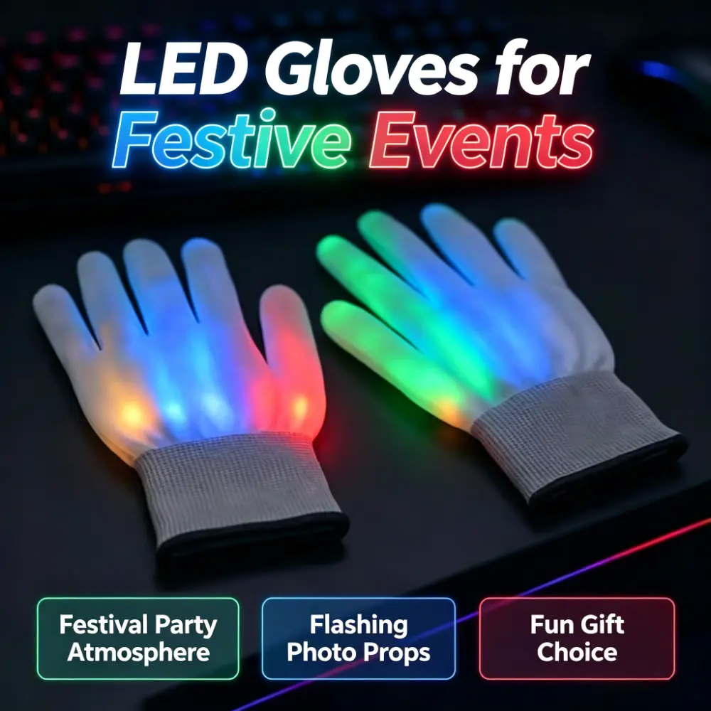 1Pair LED Flashing Gloves, Color LED Light Up Gloves, Party Costume Accessory, Halloween Cosplay Role Play Gloves, Festival Rave Concert Photo Props